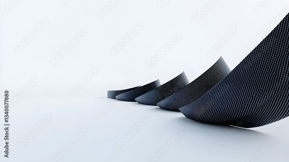Poster composition of overlapping layered carbon fiber shapes against a plain white background creating an 