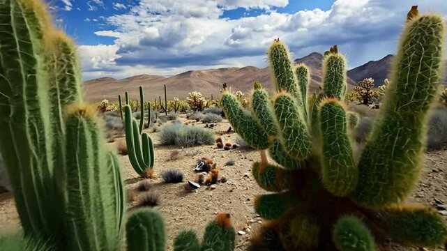 Spiny cholla cacti stand tall in a dry, rocky desert under a partly cloudy sky with distant mountains in the background.