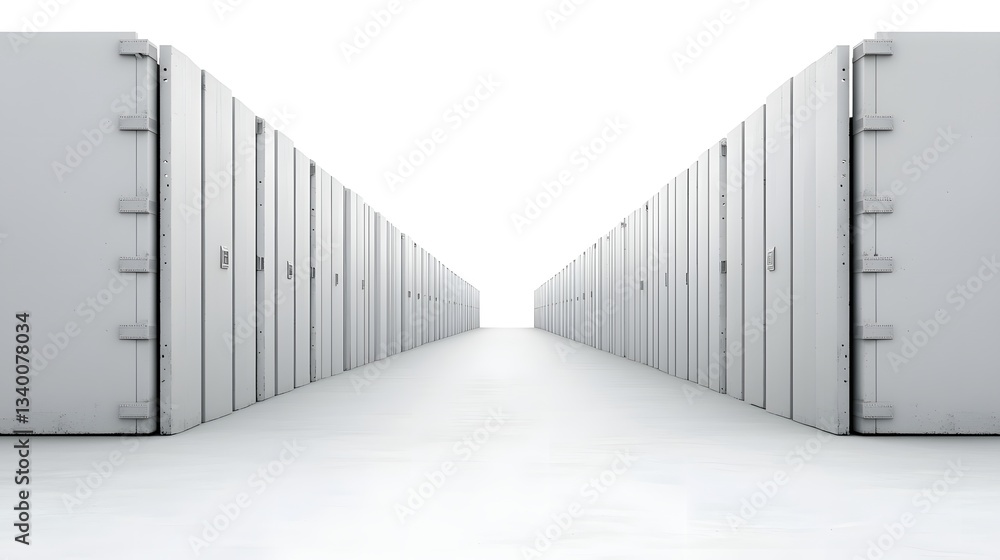 Poster Conceptual image depicting a symmetric minimalist corridor of parallel walls representing the concept of rising tariff walls as a physical barrier between interconnected global economies