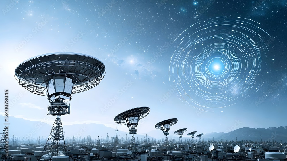 Aufkleber Conceptual image depicting a network of advanced satellite dishes and radar systems receiving and analyzing mysterious signals from distant galaxies in deep space