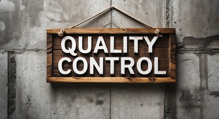 quality control lettering on wooden sign board hanging on concrete wall background