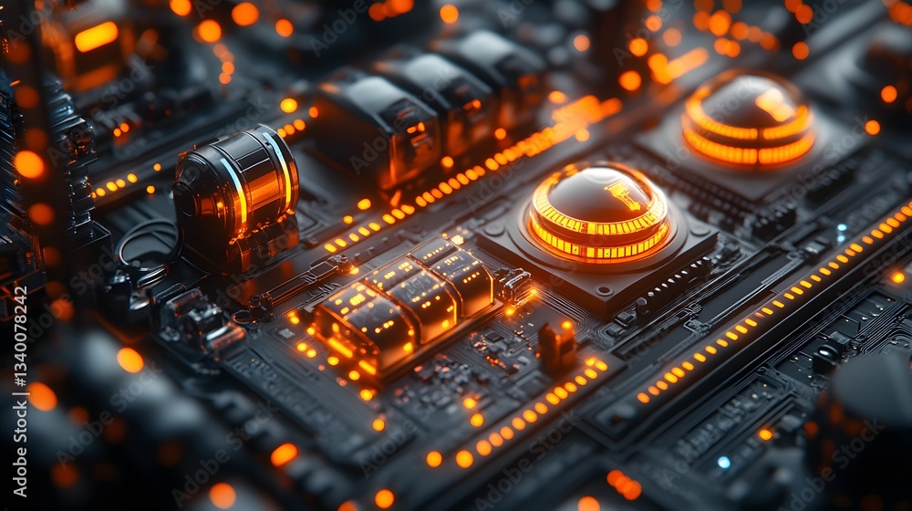 Poster close-up of a futuristic circuit board with glowing orange components. a stunning 3d render oil prod