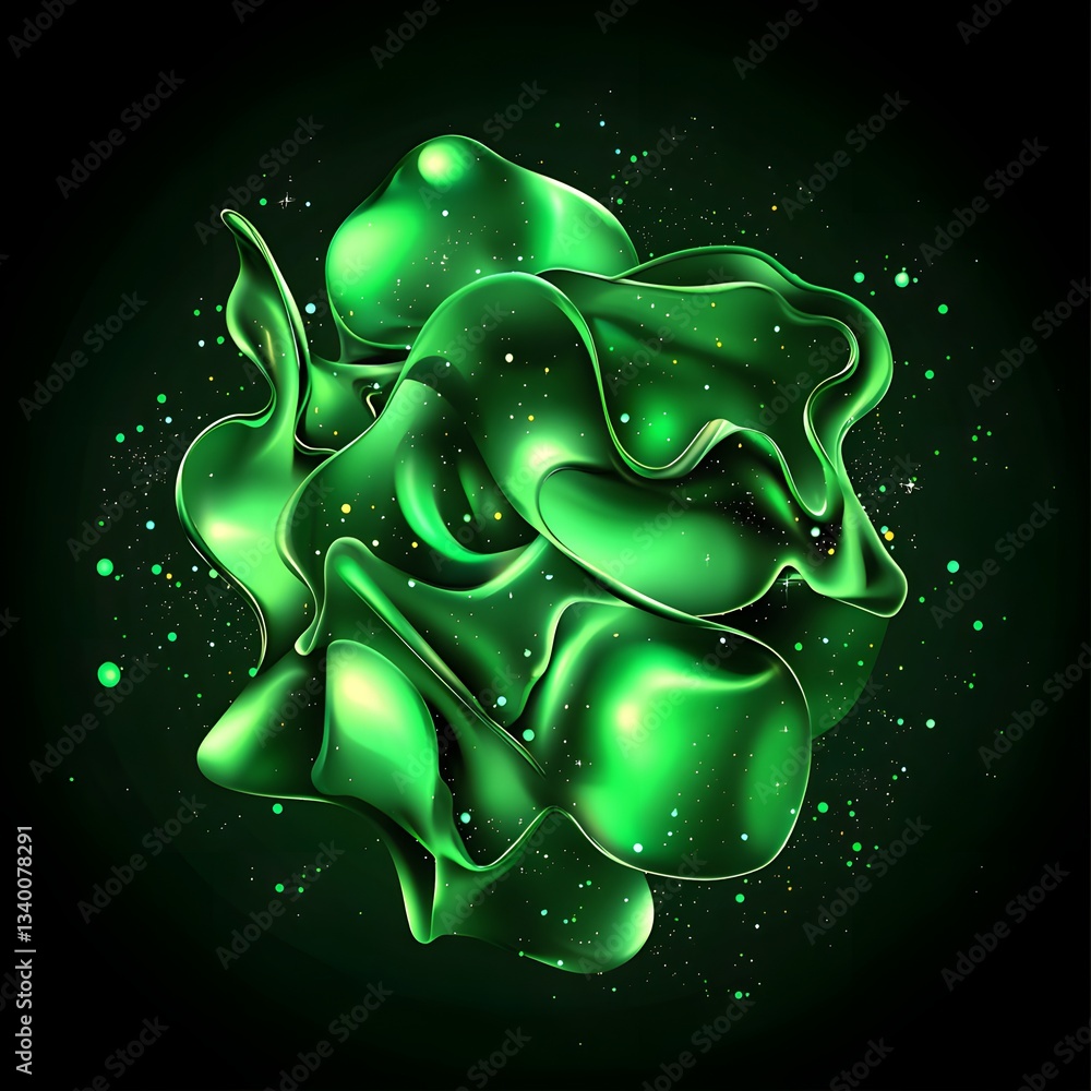 Poster flowing green liquid descending gracefully in a surreal display of cosmic fluidity and captivating l