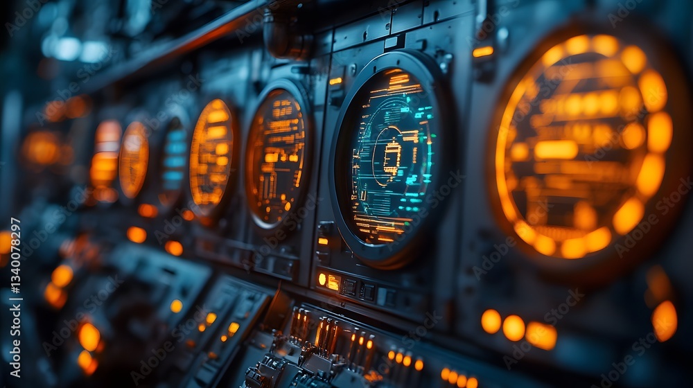 Poster futuristic control panel with glowing orange and blue digital displays. sci-fi technology aesthetic.