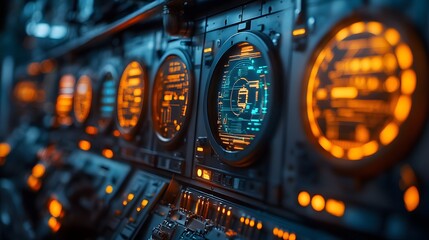 Obraz premium Futuristic control panel with glowing orange and blue digital displays. Sci-fi technology aesthetic. Oil Production Process Theme Background Close up of Circuit sensors and monitoring system