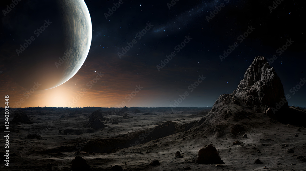 Poster majestic planet hanging in the vastness of space with cosmic background and celestial elements surro
