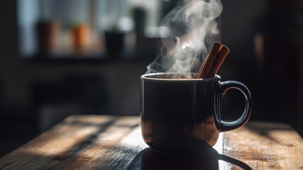 A warm cup of beverage with cinnamon sticks is steaming