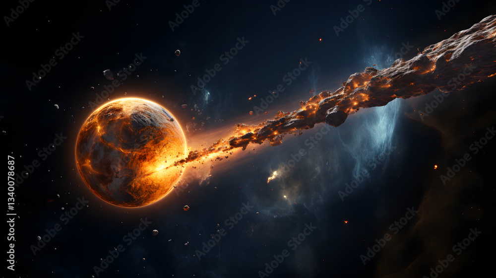 Poster dynamic space scene featuring a planet and a meteor in motion amidst the stars and cosmic background