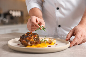 Professional chef serving dish at table indoors, closeup