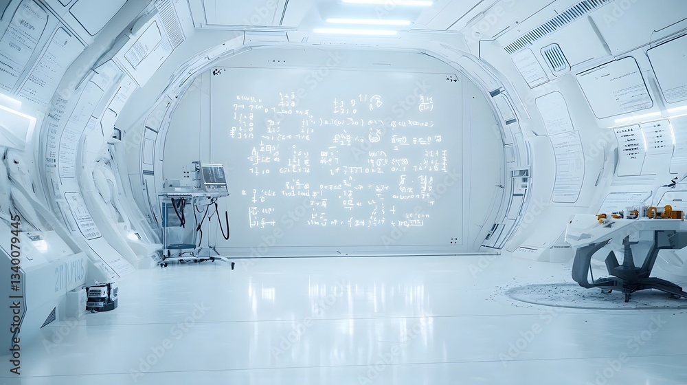 Poster depiction of complex mathematical equations and digital symbols glowing in a sleek futuristic resear