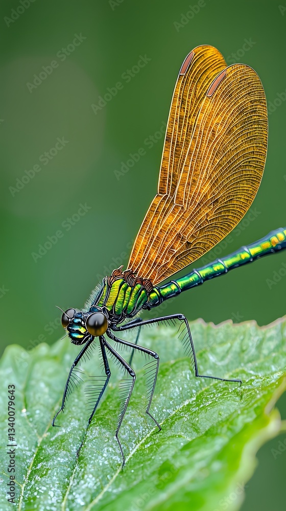 Poster stunning close-up of a delicate dragonfly resting on a leaf showcasing intricate wing patterns and n