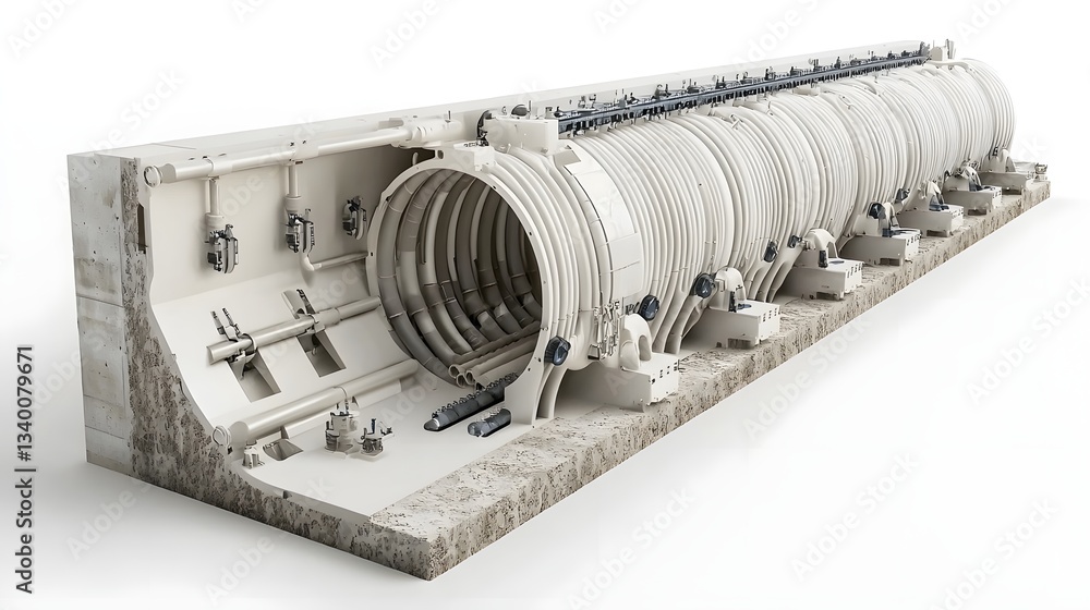 Poster Detailed cross section view of a multi layered interconnected pipe installation system with various fittings valves and connectors