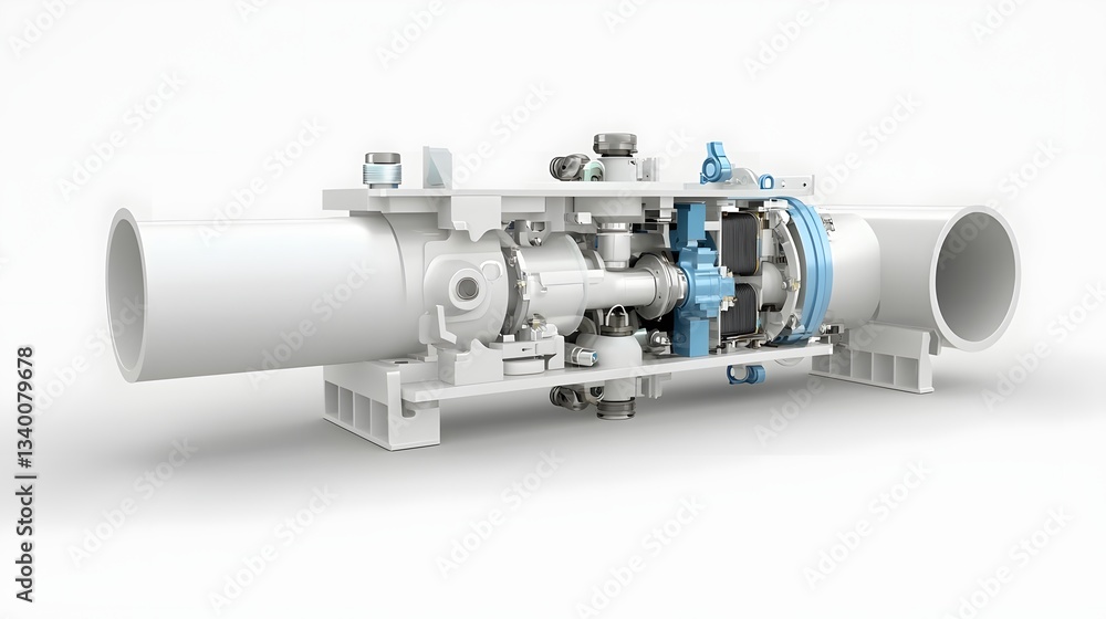 Poster Detailed cross section view of a complex PVC pipe system and its interconnected components including valves controls and mechanical parts against a plain white background