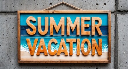 Fototapeta premium summer vacation lettering on wooden sign board hanging on concrete wall background