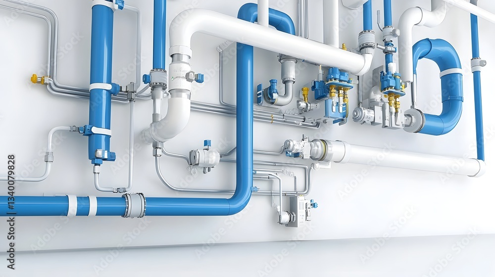Poster detailed cross section view of an intricate industrial plumbing system showcasing an organized netwo