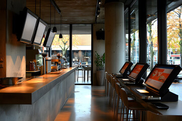 Naklejka premium A contemporary restaurant interior featuring order kiosks concrete surfaces pendant lighting and a view of the outside street.