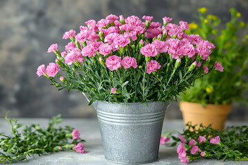 Pink carnations overflowing from a small galvanized metal bucket with cut stems nearby and another potted plant in the background.