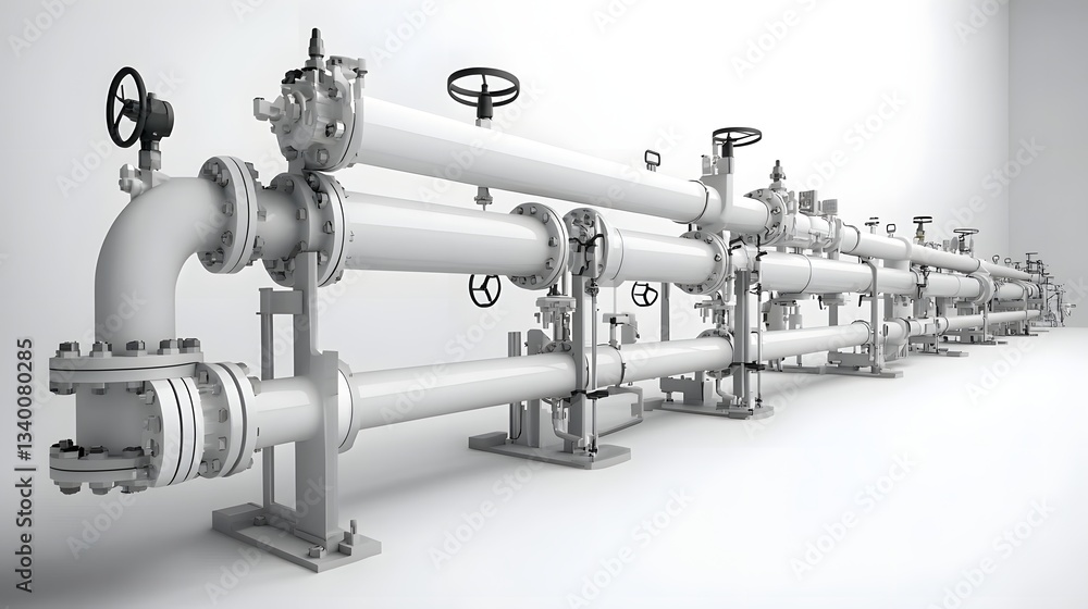 Poster Detailed industrial gas pipeline system with an array of valves connectors and components arranged in an organized manner against a plain white backdrop