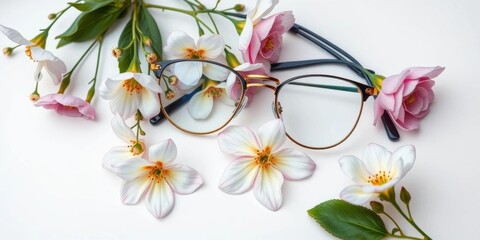 Obraz premium Delicate blooms & stylish spectacles arranged on pristine white, minimalist, spectacles