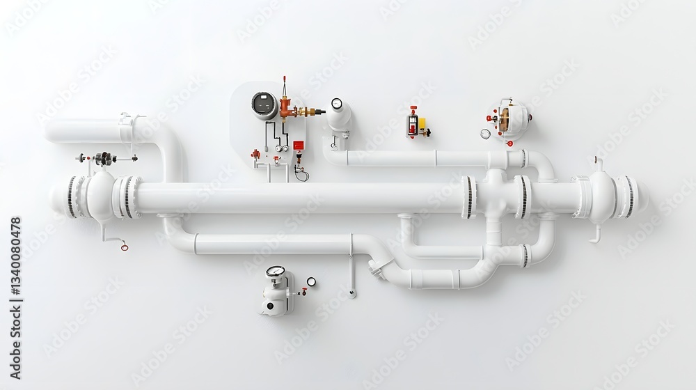 Poster Detailed view of a complex gas distribution pipe assembly system with various valves connectors and components displayed against a plain white background for a clean technical appearance