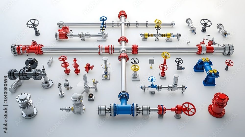 Poster Detailed view of the various components and valves that make up a complex gas and oil pipeline infrastructure