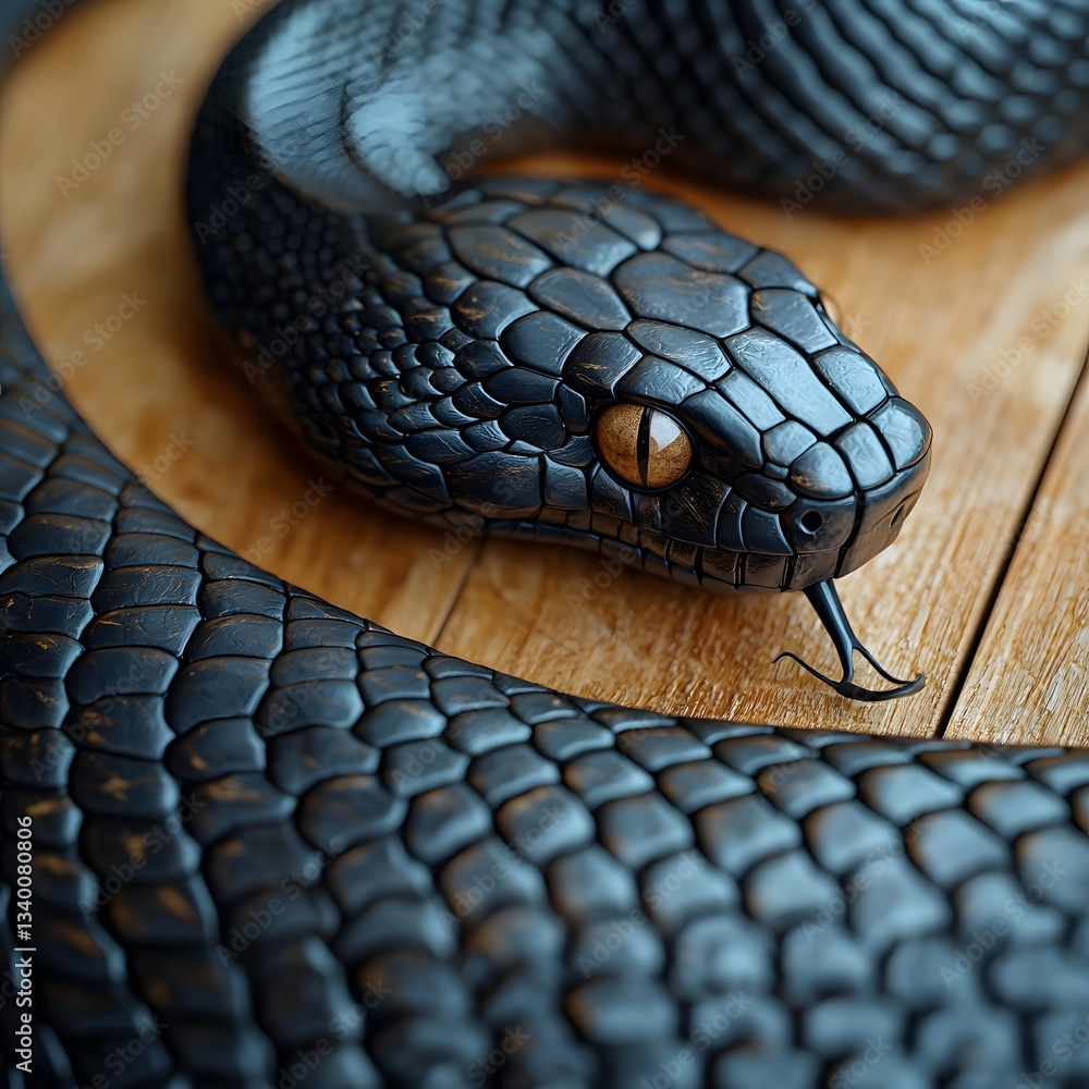 Poster detailed close-up of a snake resting on a wooden surface showcasing its unique skin patterns and tex