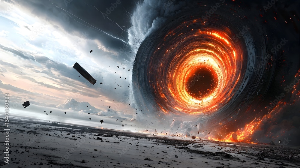 Poster Dramatic and captivating image depicting a swirling fiery vortex of cosmic energy drawing in objects from an unknown realm or dimension