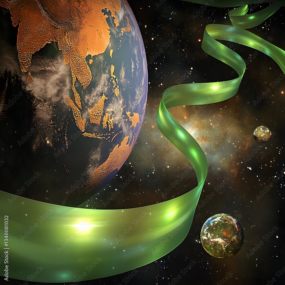 Poster stunning planet surrounded by a floating green ribbon symbolizing connection between nature and cosm