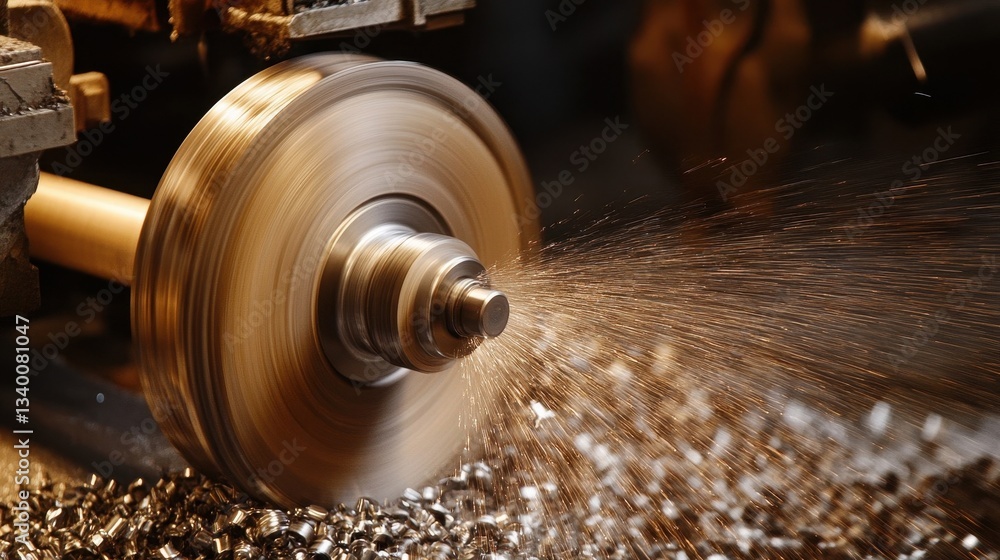 Poster a close up view shows lathe in metalworking action process