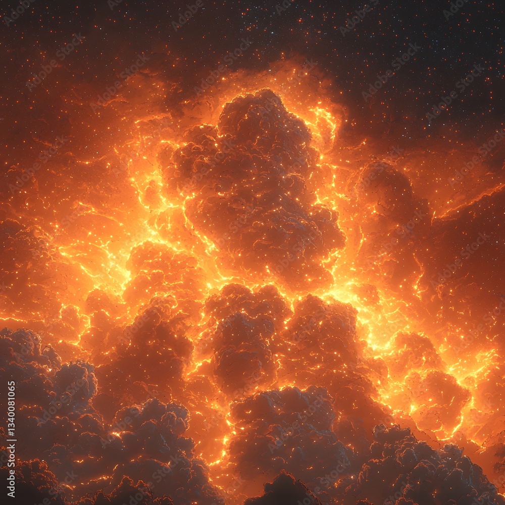 Poster dynamic firestorm illuminating the sky with vibrant colors creating an artistic digital tempest effe