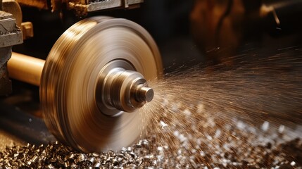 A close up view shows lathe in metalworking action process