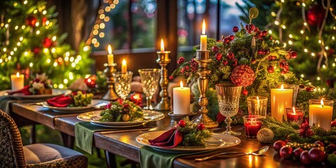 Elegant Holiday Dinner Table Setting with Greenery, Candles, and Festive Decorations - Night Photography