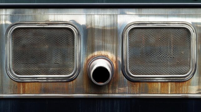 Metallic industrial facade features two screened vents and a pipe - Powered by Adobe