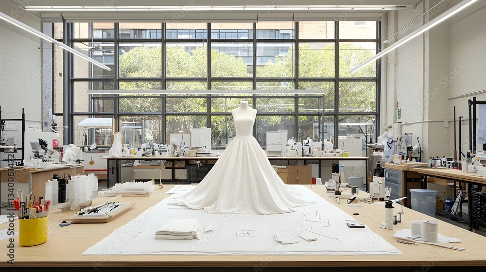 Poster fashion designer working in a studio sculpting a delicate garment with intricate flowing drapery as 