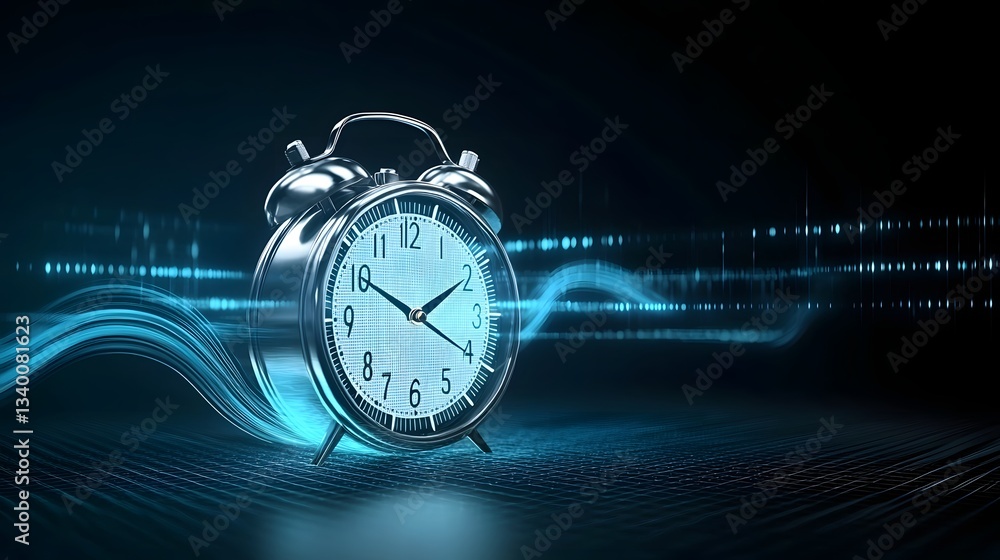 Fototapete Futuristic image depicting the abstract concept of time travel featuring a digital alarm clock surrounded by dynamic energy waves and luminous swirling patterns suggesting a sense of motion speed