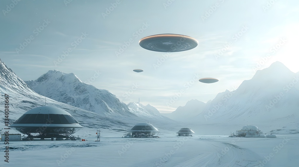 Poster futuristic unidentified flying objects hovering above a remote snow covered scientific research outp