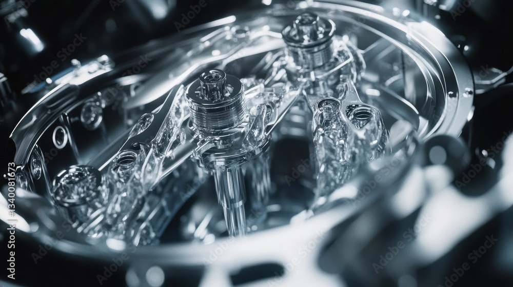 Poster shiny metallic internal engine components show complex mechanical structure