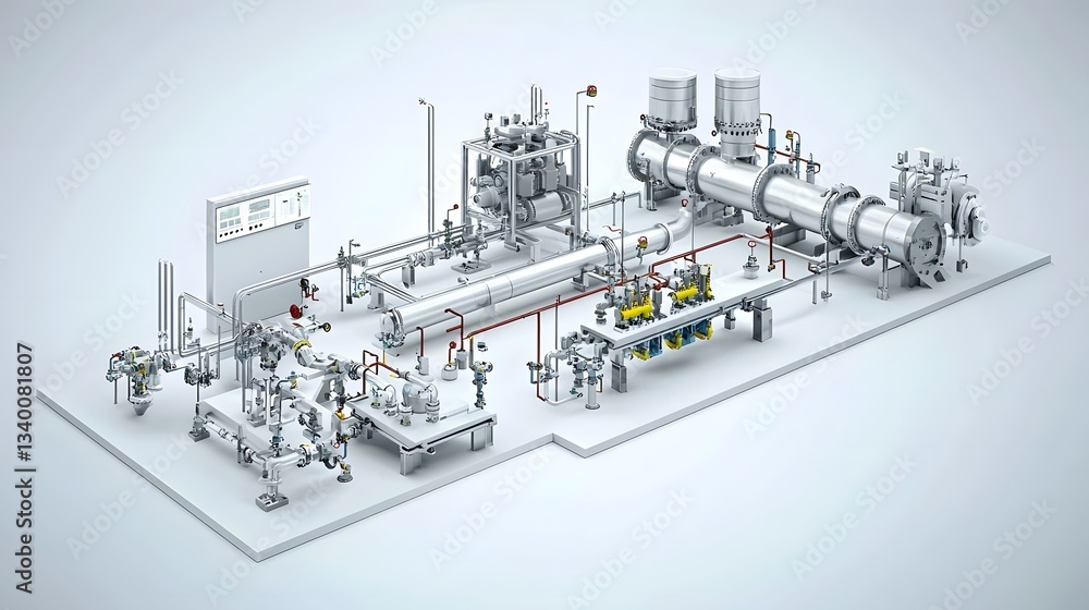 Poster Highly detailed 3D rendering of the complex inner workings and interconnected components of a gas and oil pipeline infrastructure including control systems
