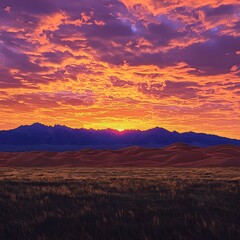 Obraz premium Majestic sunset over lush green field with dramatic oranges and purples painting the sky in the evening light
