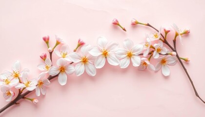 Obraz premium Delicate pastel spring blossoms on soft blush paper backdrop, light, botany
