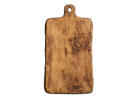A rustic wooden cutting board with a handle, showcasing natural grain patterns and texture.