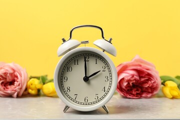 Spring time. Alarm clock and beautiful flowers on grey marble table against yellow background