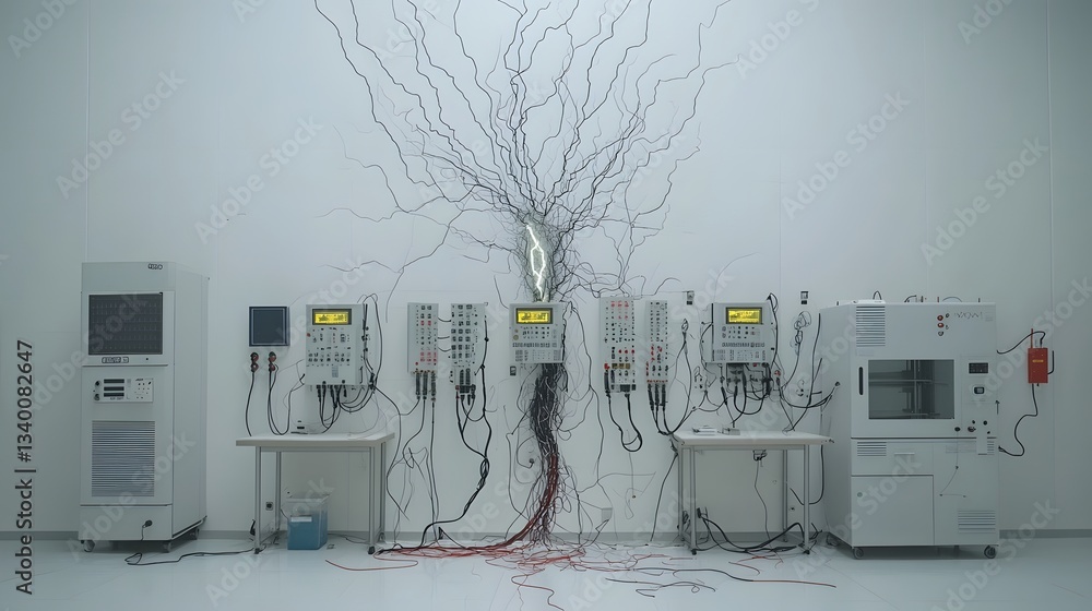 Aufkleber intricate depiction of a powerful energy wave surging through a laboratory setting disrupting the de