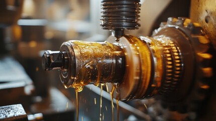 A close up of a machining process with lubricating oil