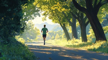 Obraz premium Running Through a Serene Forest Pathway with Lush Greenery and Distant Mountains