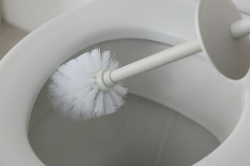 Cleaning toilet bowl with white brush, closeup