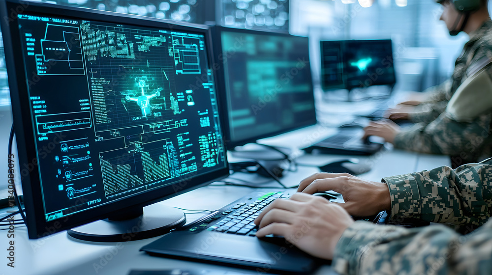 Fototapete Military personnel in uniform monitoring and controlling an advanced command and control console for anti drone defense