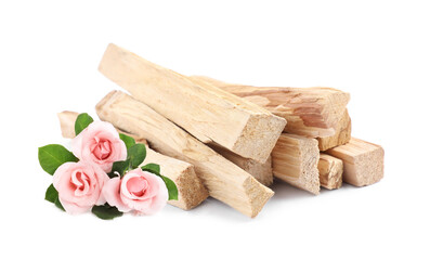 Palo Santo sticks and rose flowers on white background