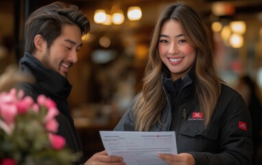 Fototapeta premium Friendly hotel receptionist assists a guest, showcasing excellent customer service and a welcoming atmosphere. The guest appears pleased and relaxed.