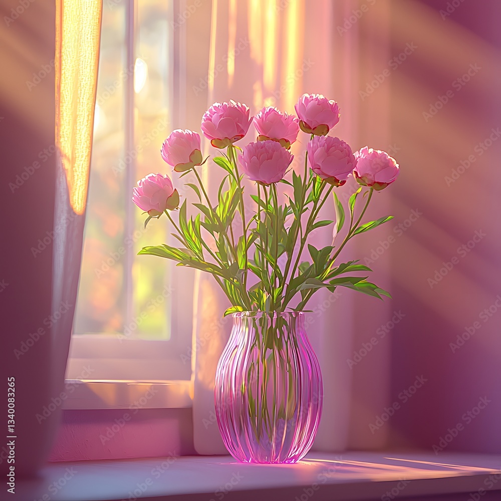 Aufkleber a bright and inviting window sill adorned with a vase of beautiful peonies creating a serene atmosph